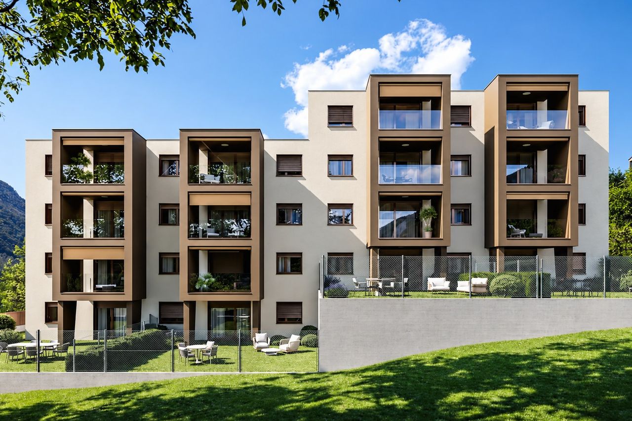 Visualisation of a four-storey residential building with bronze-coloured loggias and gardens