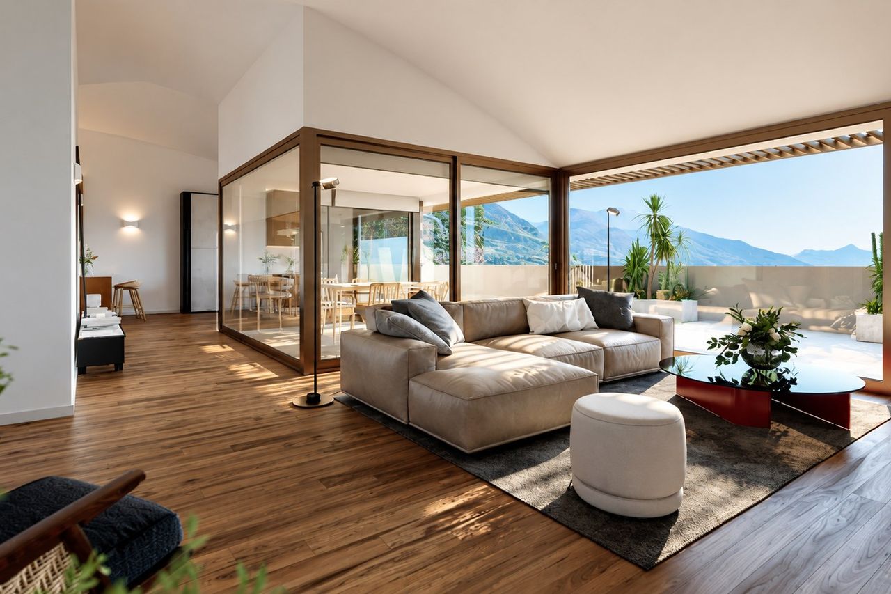 Visualisation of an open living room with a pitched ceiling, glass walls and a terrace facing the mountains